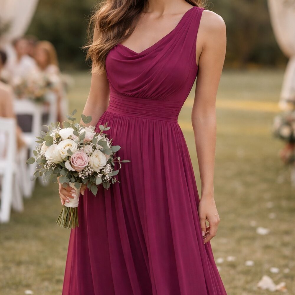 Aura Wine Chiffon One Shoulder Dress Women’s Sz LG NWT Bridesmaid Prom Formal